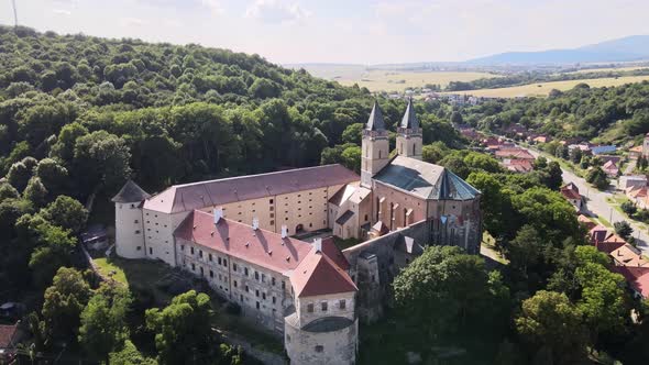 Aerial view of the Hronsky Benadik monastery in the village of Hronsky Benadik in Slovakia