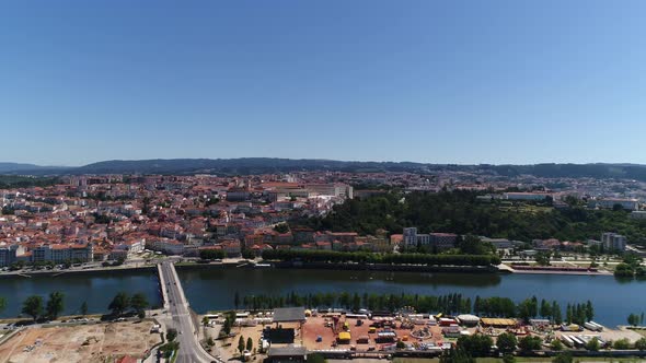 Fly Above River Mondego in Coimbra, Portugal