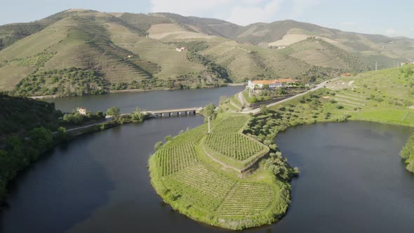 Quinta do Tedo drone view of s shape bend river in Douro wine region, in Portugal