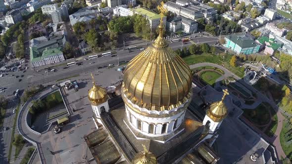 Flight Around of the Cathedral of Christ the Saviour Against Background of City Moscow Russia