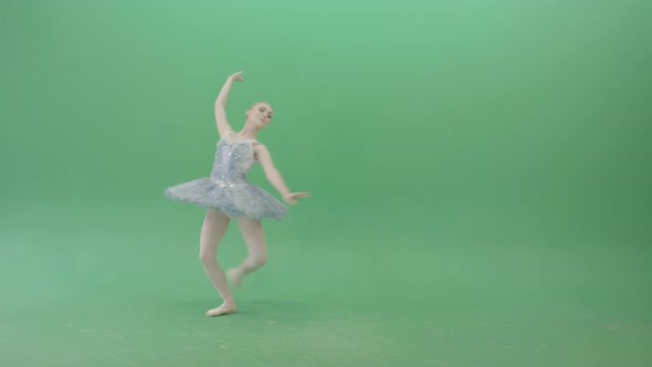 Happy Ballerina Ballet Dancing Girl In Blue Dress Chilling In Spin On Green Screen