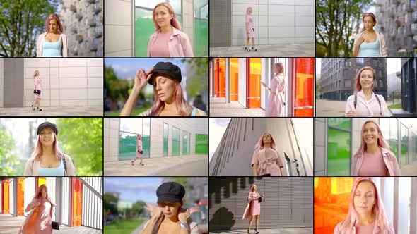 Collage of Many Videos. a Woman with Pink Hair Walks Through the City Streets and Park, Walking