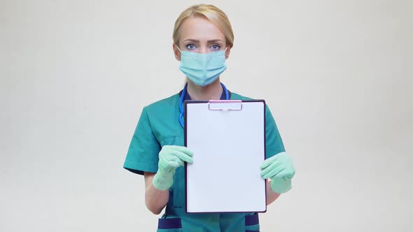 Medical Doctor Nurse Woman Wearing Protective Mask - Holding Plane Table