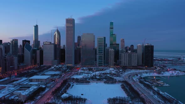 Urban Cityscape of Chicago in Evening Twilight in Winter