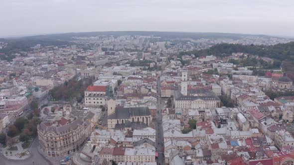 Aerial Drone Video of European City Lviv Ukraine Rynok Square Central Town Hall Dominican Church