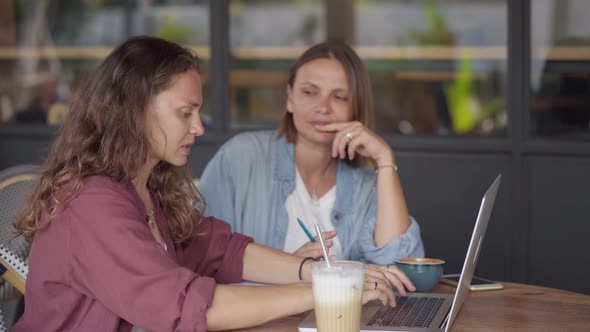 Happy Female Friends Working Together with Laptop at Outdoor Cafe