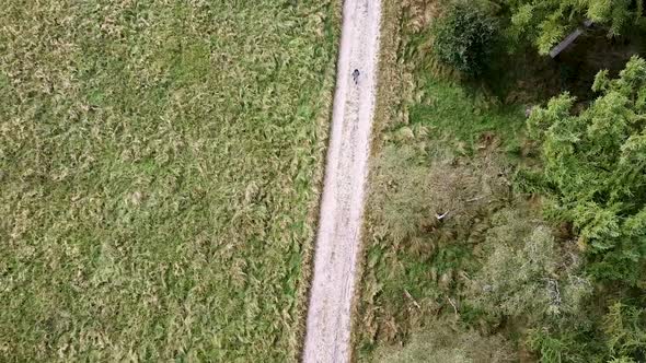 Drone shot from above of a guy walking through nature. outdoor walking.