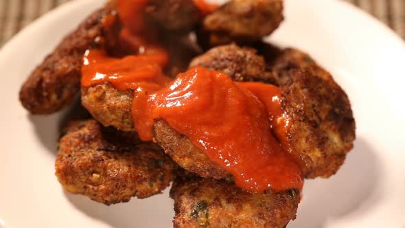 Pouring tomato sauce on fresh meatballs