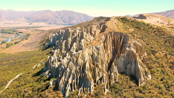 Aerial view of Clay Cliffs, touristic destination at Otago, New Zealand.