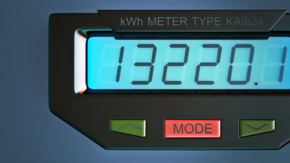 Digital electricity meter showing household consumption in kilowatt hours.