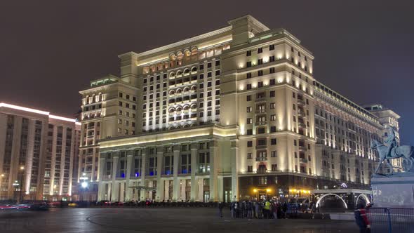 View of the Eastern Facade of the Old Hotel Moskva From Manege Square Timelapse Hyperlapse. Moscow