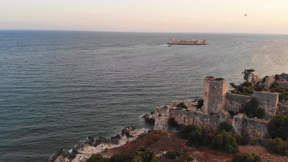 Mediterranean Sea View With Historical Castles In Turkey