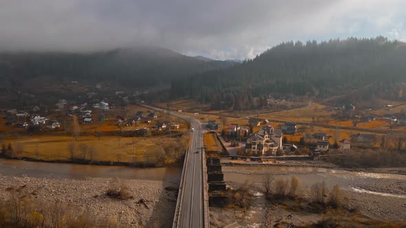 Aerial Countryside Ukrainian Village in Carpathian Mountains