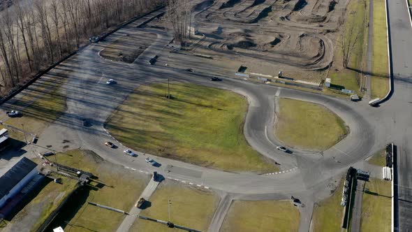 Cars Racing At The Mission Raceway Park In Mission, British Columbia, Canada. aerial