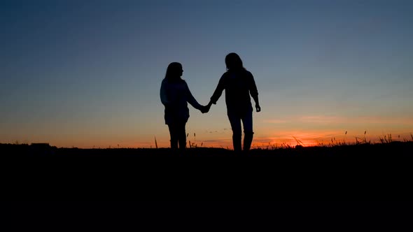 Happy family mom and daughter in the field at sunset.