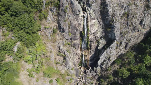 Frecha da Mizarela waterfall at Arouca, Portugal. Aerial drone top view