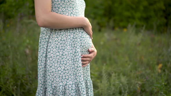 A Young Pregnant Woman Stands and Holds Her Belly with Her Hands