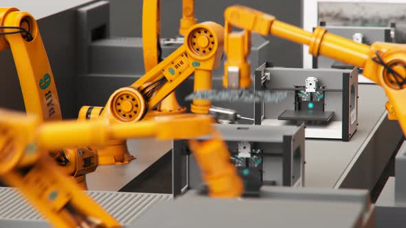 Robotic arms of industrial robots constructing 3d printers on assembly line. 4k