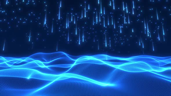 Abstract wave technology blue background with Digital rain of data.