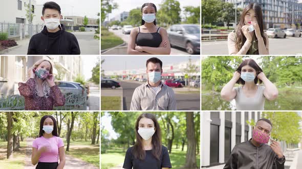 Compilation  Group of Nine Multicultural People with Face Mask Takes Off Face Masks and Looks