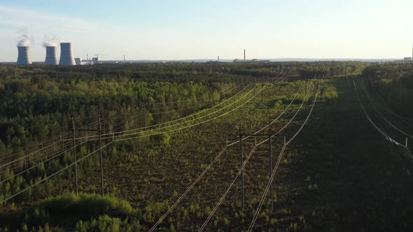 Smoking Cooling Towers at Nuclear Power Plant and Powerlines in Forest