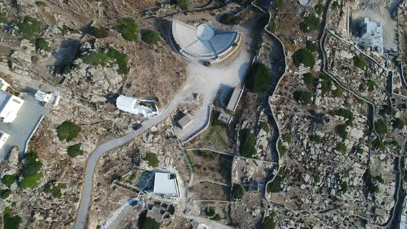 Amphitheater in Mylopotas on the island of Ios in Greece aerial view