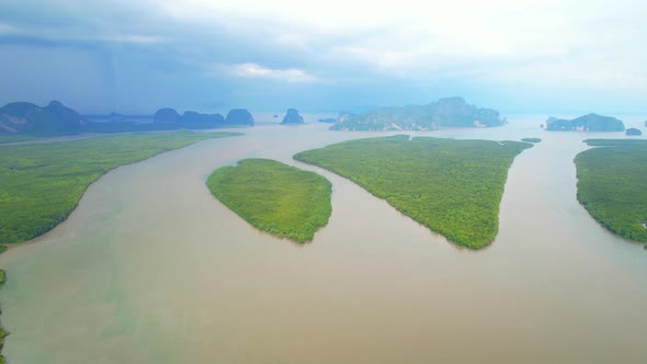 An aerial view over a large mangrove forest at Phang Nga Bay.