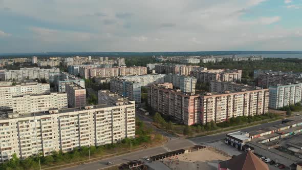 Aerial Panorama on Dwelling Blocks with Multistory Colorful Buildings at Nature