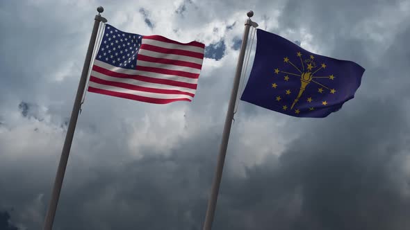Waving Flags Of The United States And Indiana State Flag 4K