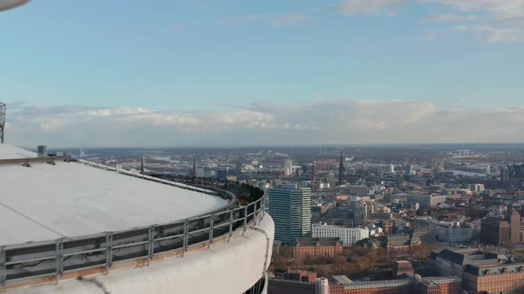 Aerial Reveal of Hamburg City Center with Famous Buildings and Landmarks Behind Heinrich Hertz TV