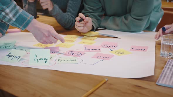 Young Peolple Hands Holding Markers Creating Business Plan on Paper