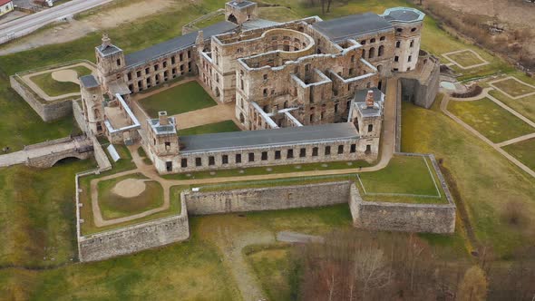 Aerial View of Beautiful Historic Ruins of the Krzyztopor Castle Poland