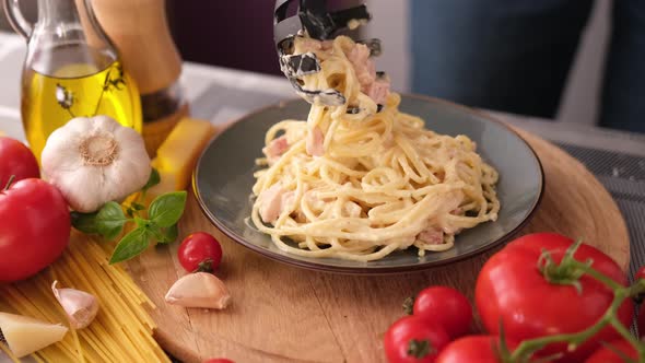 Making Pasta Carbonara  Putting Spaghetti to Ceramic Dish