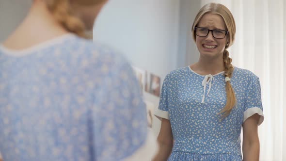 Insecure Girl Crying of Teenage Problems Near Mirror, Lack of Self-Confidence