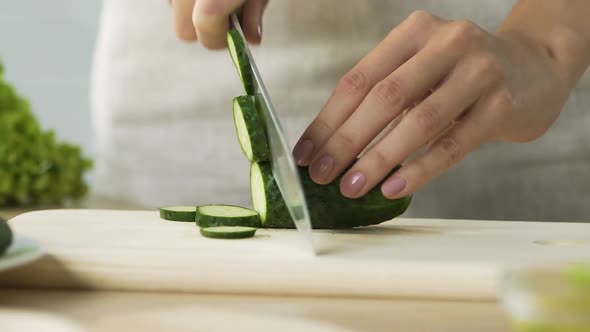 Woman chopping fresh cucumber cooking healthy salad for family dinner, close-up