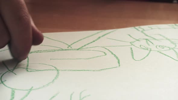 A child draws an animal with a green crayon while the camera tracks left.