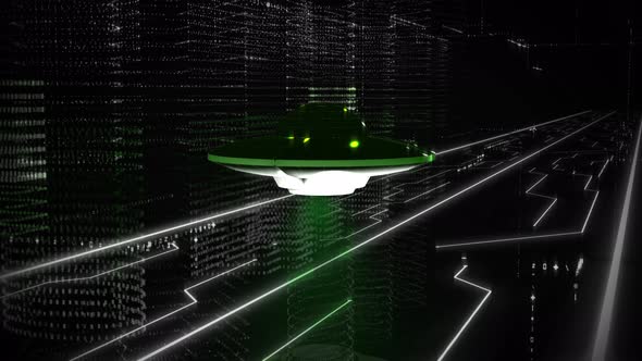 Animation of Alien UFO Flying above the white circuit board in Virtual Reality alt