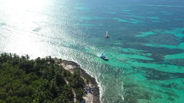 Aerial View From Drone on Tropical Beach with Palm Trees and Speed Boats Shipping in Caribbean Sea