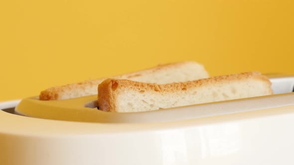 Toast bread pops up from two-slot automatic electric toaster 4K footage