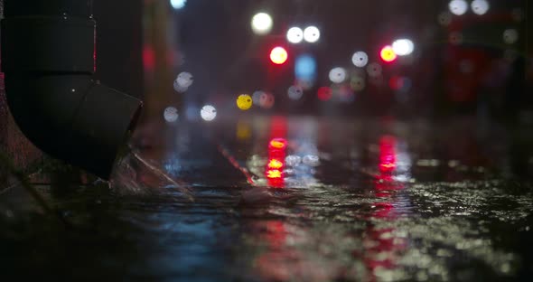 Water Pouring From Drainpipe During the Rain at Night