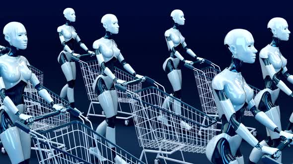 4K concept animation of women robots shopping alt