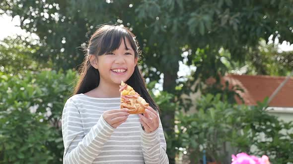 Beautiful Asian Girl Eating Eating Pizza Outdoor 