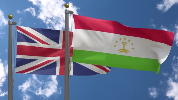 United Kingdom Flag Vs Tajikistan Flag On Flagpole