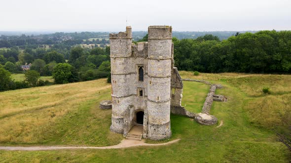 Stunning Donnington medieval castle on green hill, Berkshire county, UK. Aerial approach