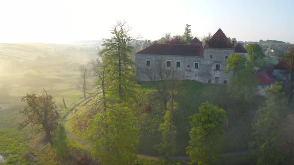 Aerial View of Svirzh Castle Near Lviv, Ukraine at Dawn. Lake, Morning Fog and Surrounding Landscape