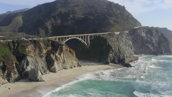 Flying Over Big Sur Beach Coast and Towards Bixby Creek Bridge on State Route 1