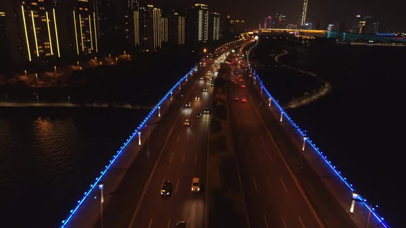 Aerial View of the Bridge in the Modern City Panoramic View of the Bridge with Illumination