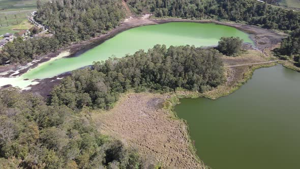 Aerial view of Telaga Warna lake in Dieng Wonosobo, Indonesia