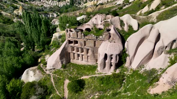 Awesome aerial view of rock formations called the Fairy Chimneys in Cappadocia 4 K