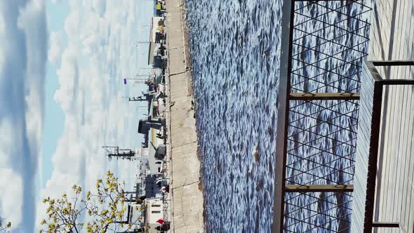 Vertical Footage of the Merchant Harbor in Kronstadt Russia Warships of the Most Powerful Military